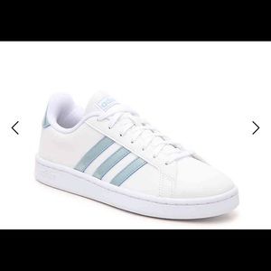 adidas white shoes with teal stripes